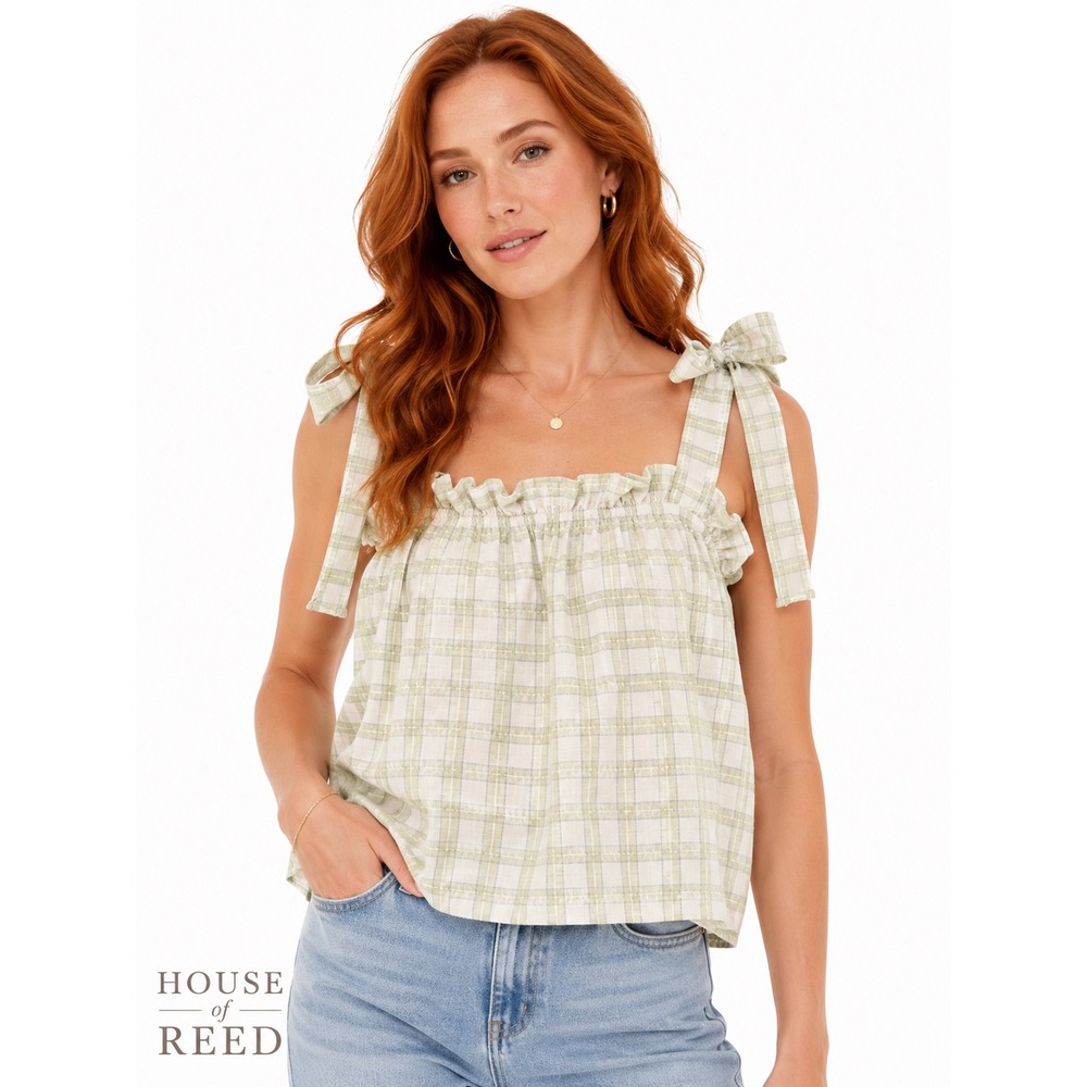MINE Green White Plaid Tie Shoulder Ruffle Trim‎ Tank Top TB7530 L